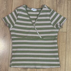 🩷 Olive and Cream Striped Short Sleeve Top 🩷